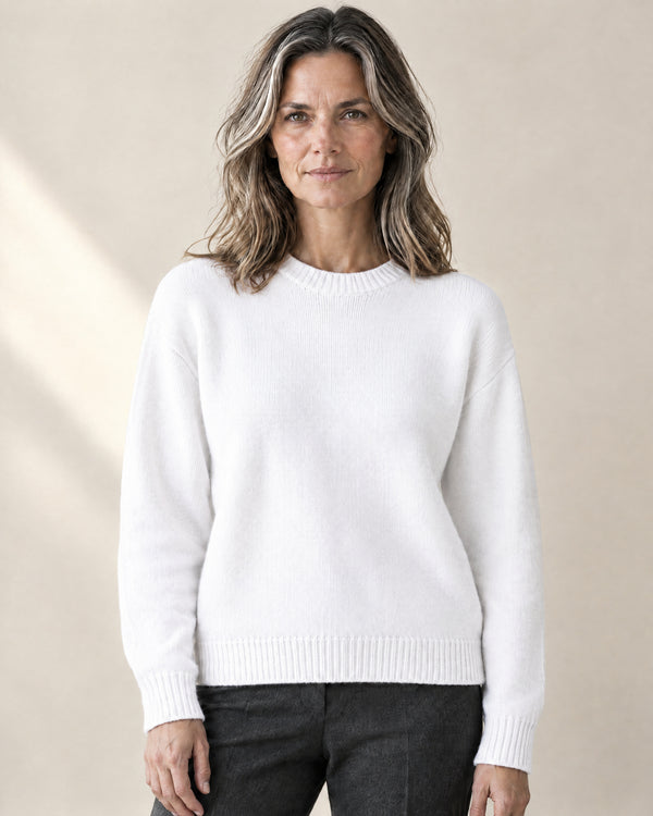 Cotton-Rich Crew Neck Jumper in White