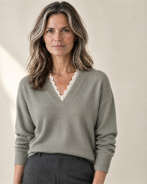 Lace-Trim V-Neck Jumper in Khaki