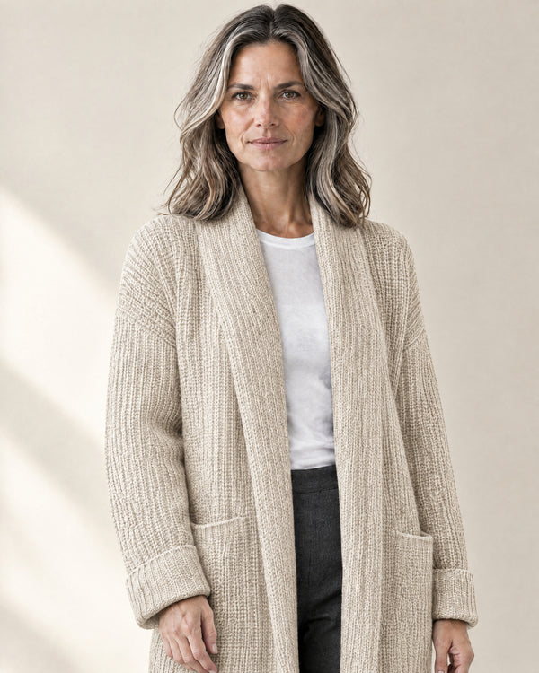 Shawl Collar Longline Cardigan in Beige