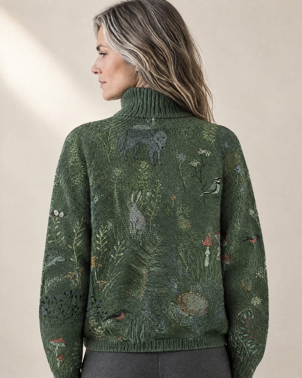 Floral Pattern Roll Neck Jumper, back view, worn