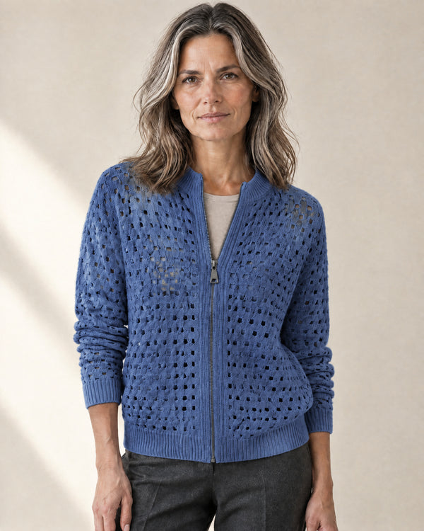 Openwork Zip-Through Cardigan in Blue