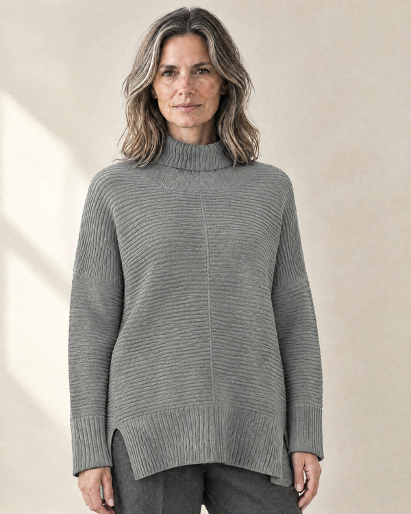 Ribbed Oversized Roll Neck Jumper in Grey