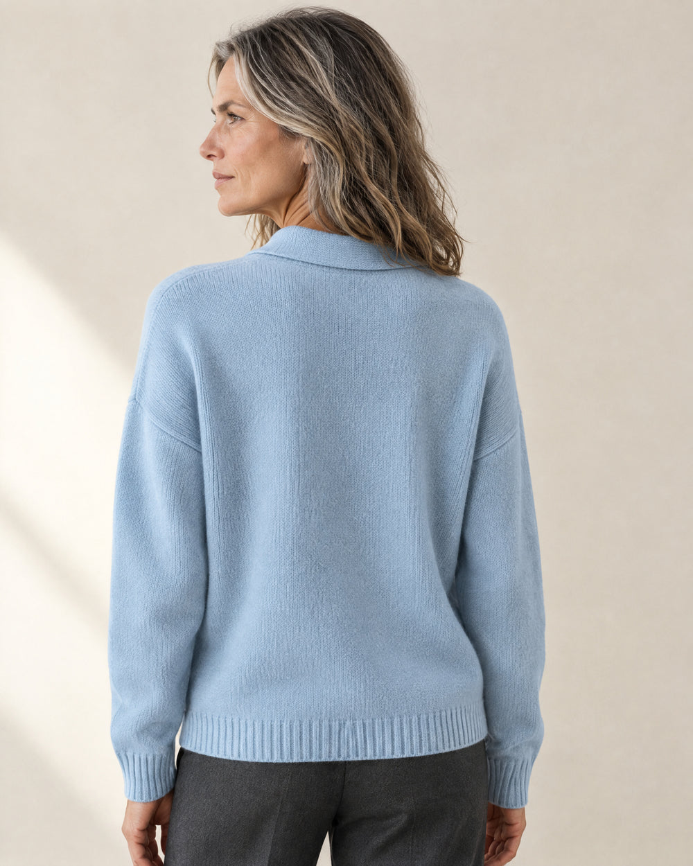 Brushed Knit Polo Jumper, back view, worn