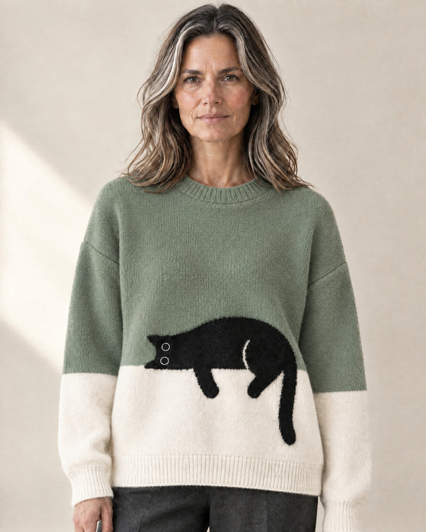 Oversized Cat Motif Jumper in Green