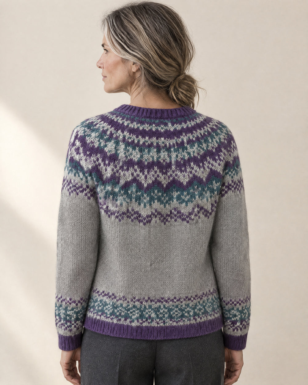 Chevron Fair Isle Yoke Cardigan, back view, worn