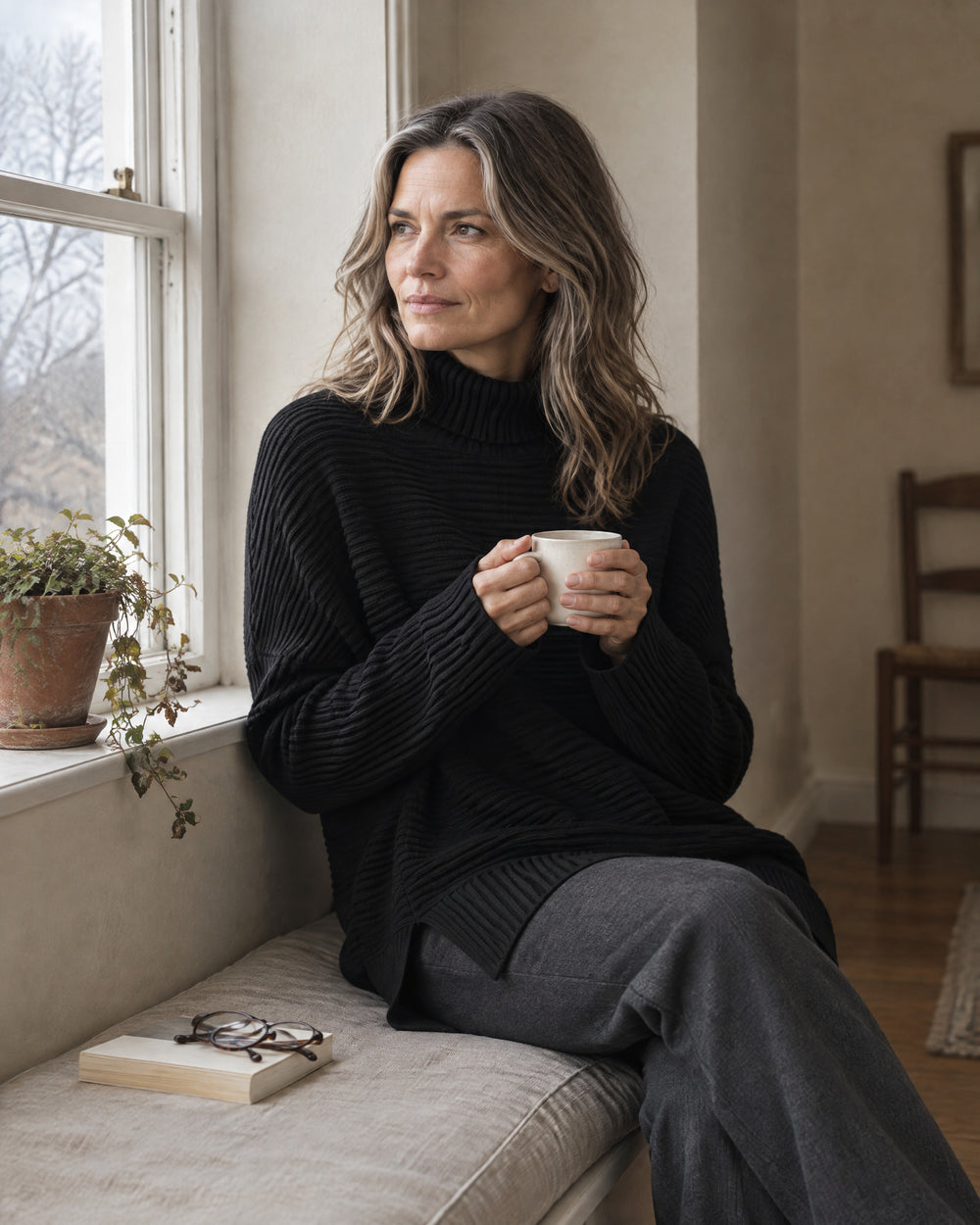 Ribbed Oversized Roll Neck Jumper, worn at home