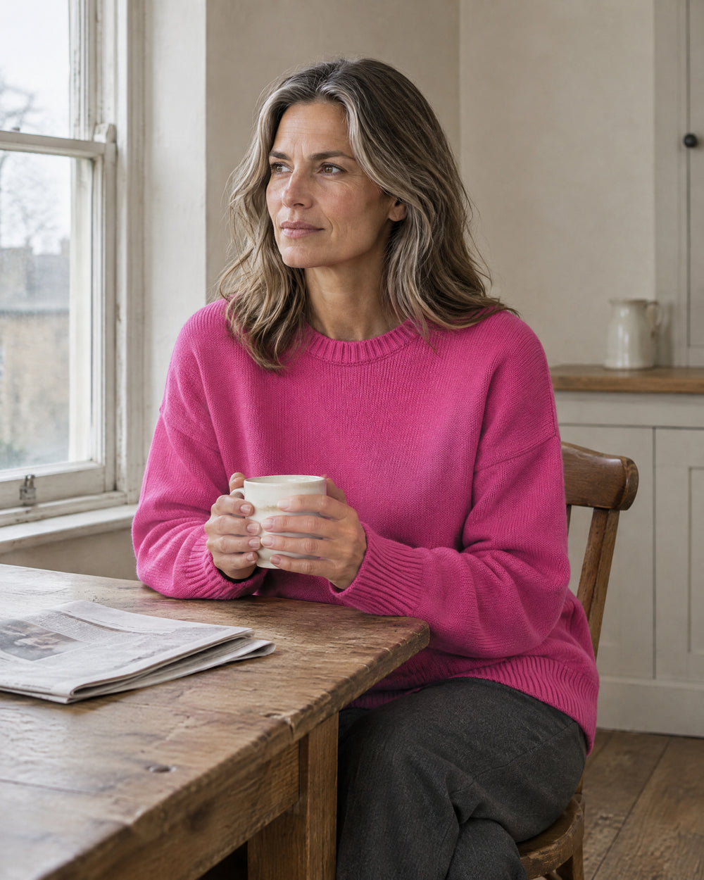 Drop-Shoulder Crew Neck Jumper, worn at home