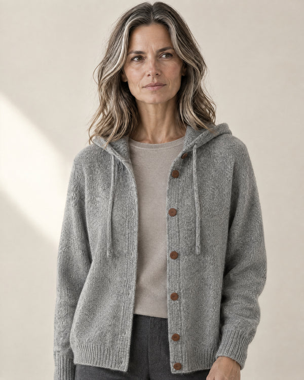 Hooded Button-Through Cardigan in Khaki