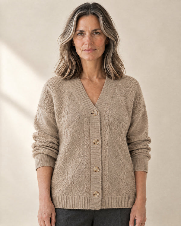 Cable Panel Wool-Blend Cardigan in Beige
