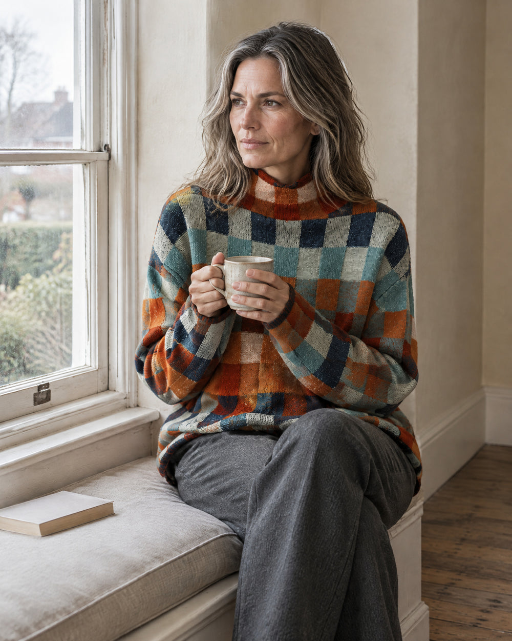 Patchwork Check Mock Neck Jumper, worn at home