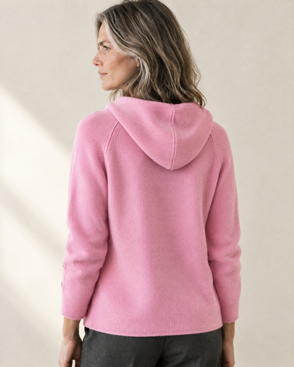 Fine Knit Hooded Cardigan, back view, worn