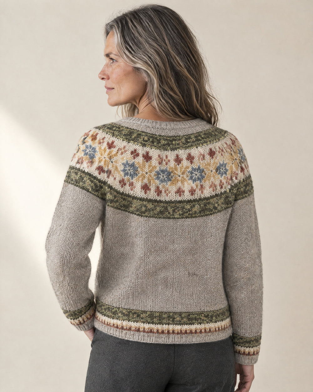 Snowflake Fair Isle Yoke Cardigan, back view, worn