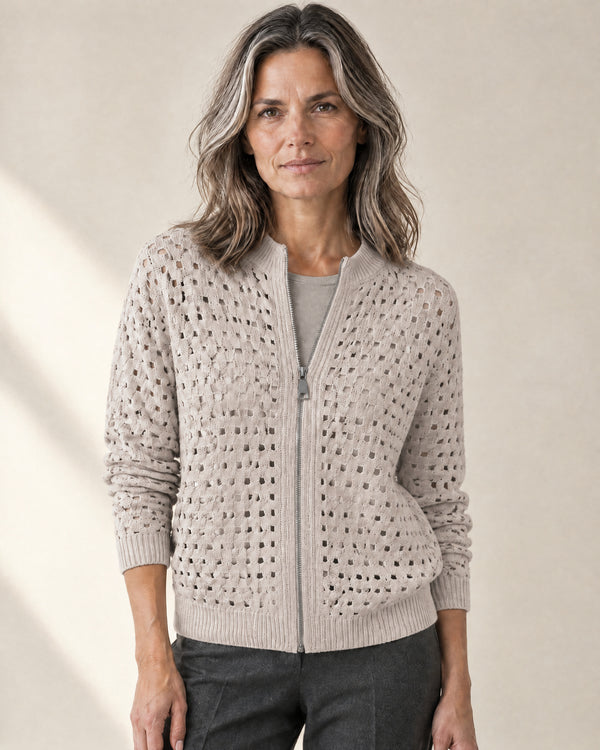 Openwork Zip-Through Cardigan in Beige