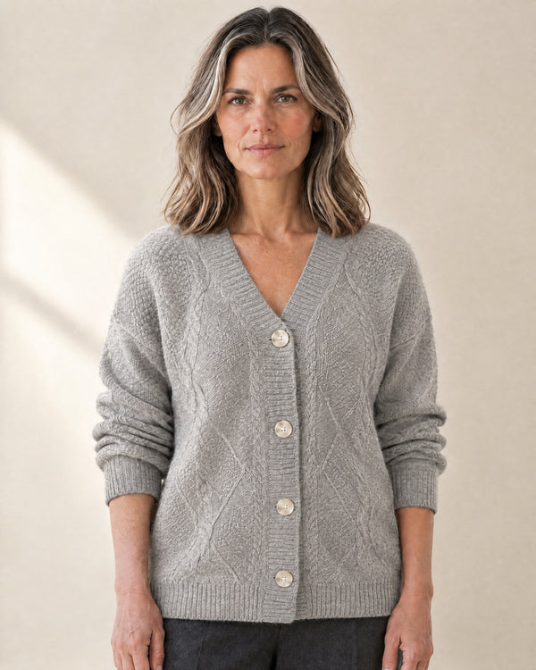 Cable Panel Wool-Blend Cardigan in Grey