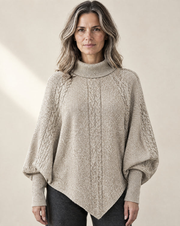 Cable Knit Batwing Poncho Jumper in Light Grey
