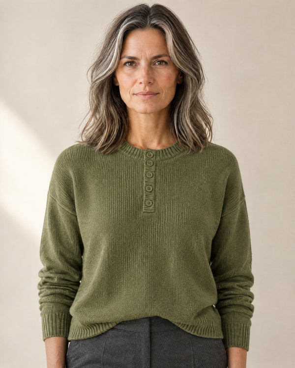 Four-Button Henley Jumper in Olive Green