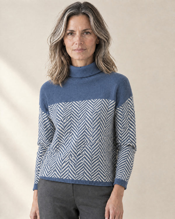 Zigzag Cotton Roll Neck Jumper in Blue