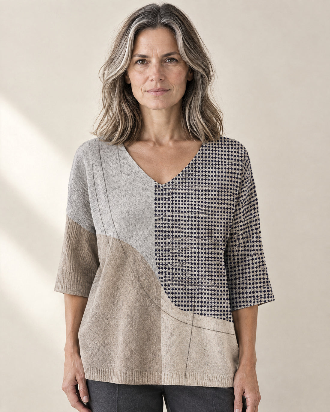 Colour-Block V-Neck Knitted Top