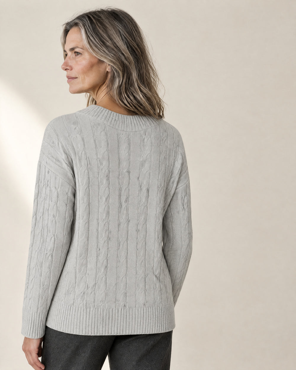 V-Neck Cable Knit Jumper, back view, worn