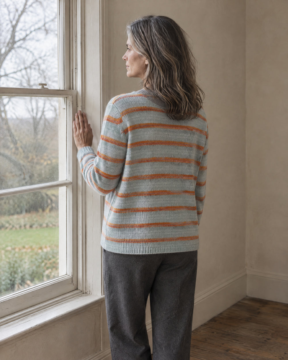 Contrast-Stripe Button Cardigan, worn at home