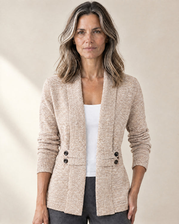 Button-Tab Open Front Cardigan in Beige