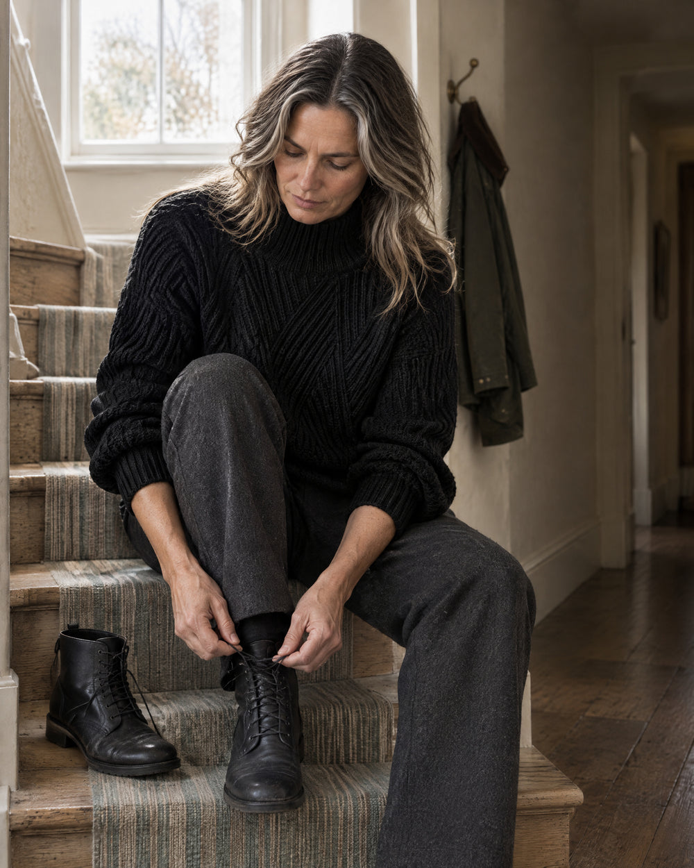 Chunky V-Stitch Mock Neck Jumper, worn at home