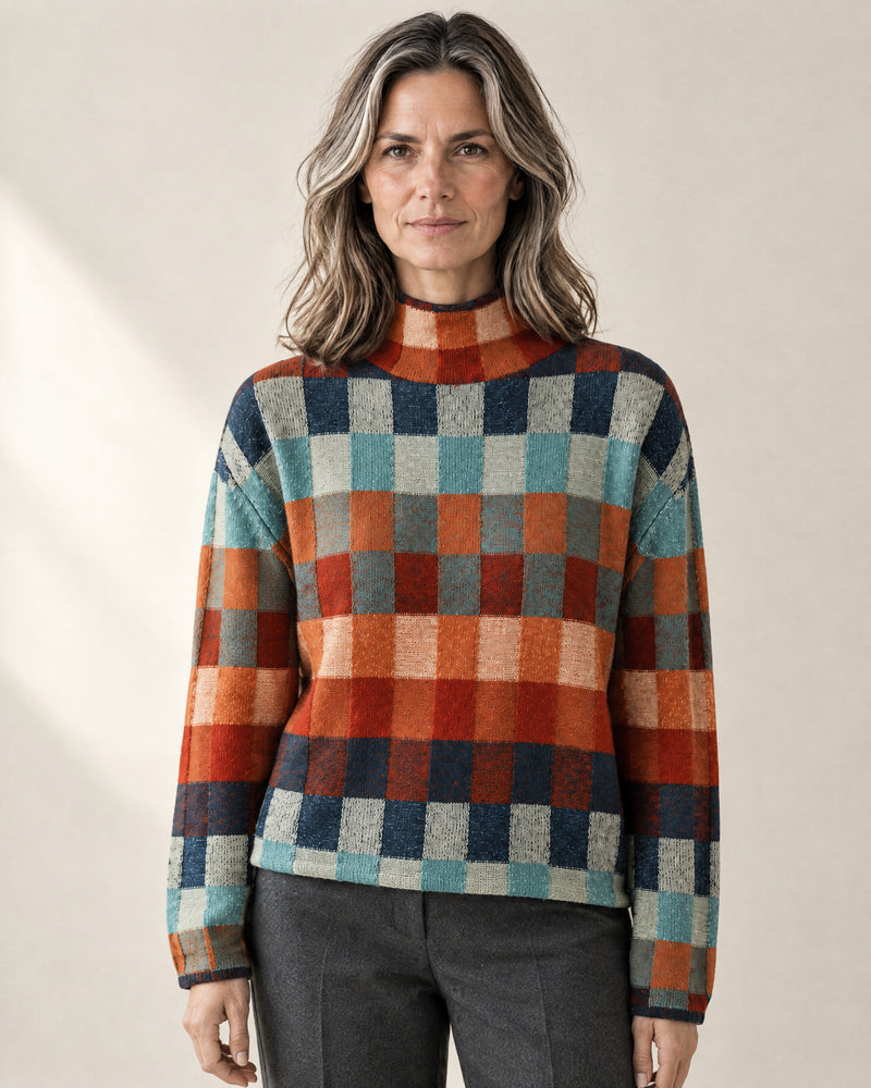 Patchwork Check Mock Neck Jumper
