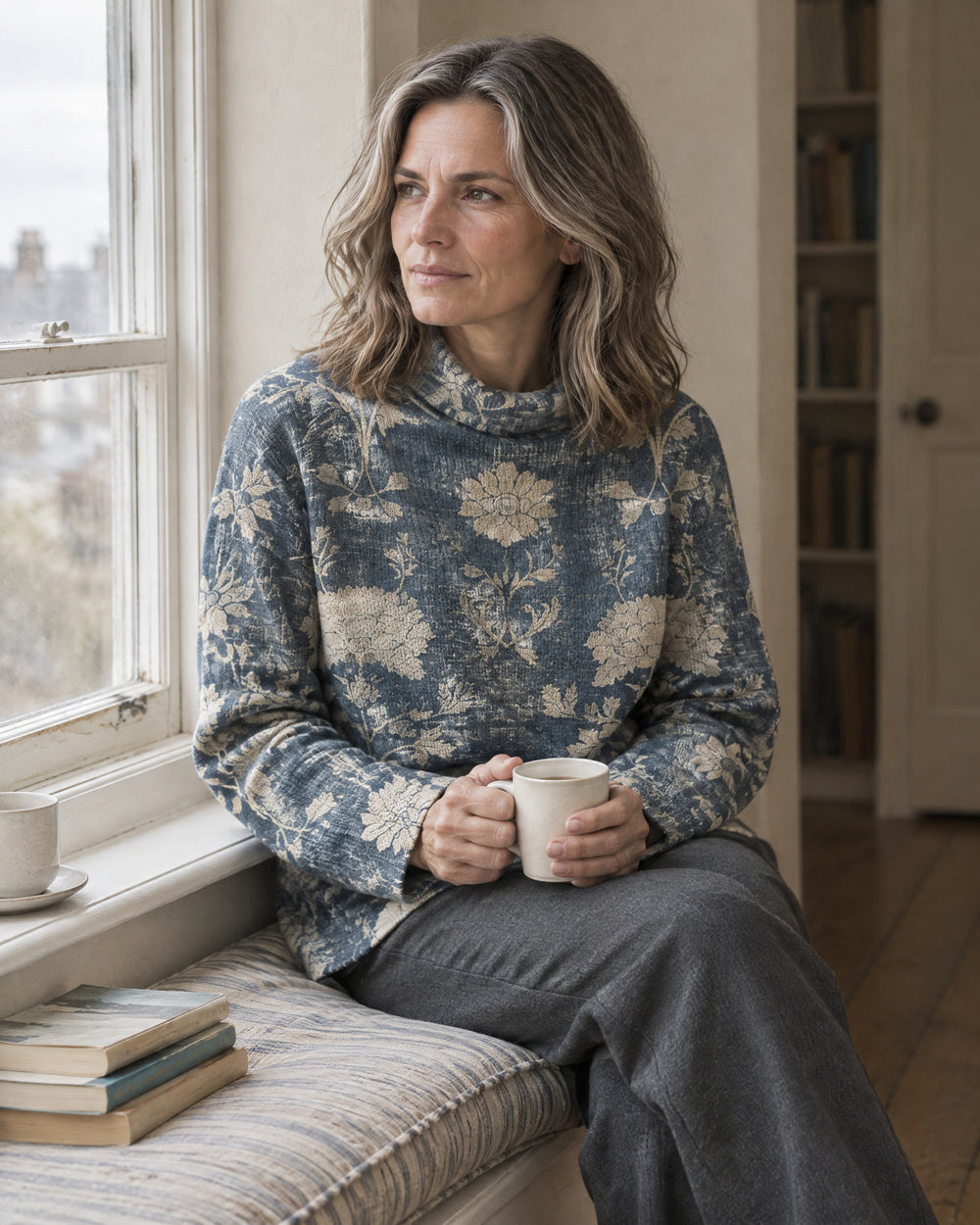 Cotton-Rich Roll Neck Jumper, worn at home
