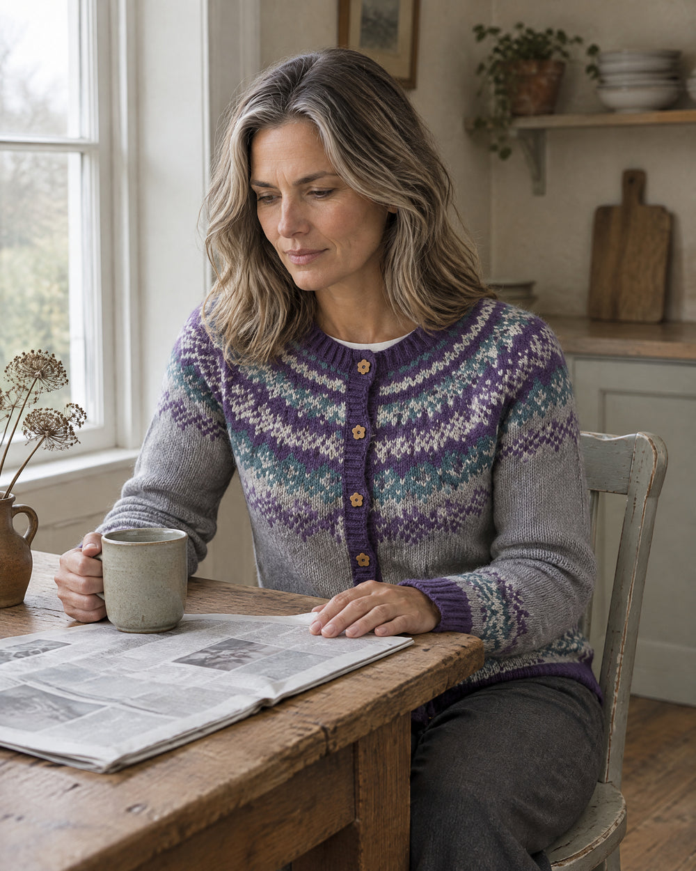 Chevron Fair Isle Yoke Cardigan, worn at home