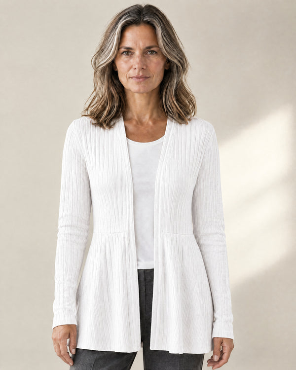 Ribbed Open-Front Longline Cardigan in White