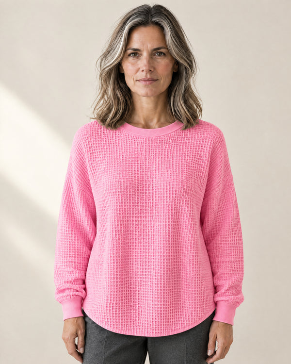 Waffle-Knit Crew Neck Jumper in Pink