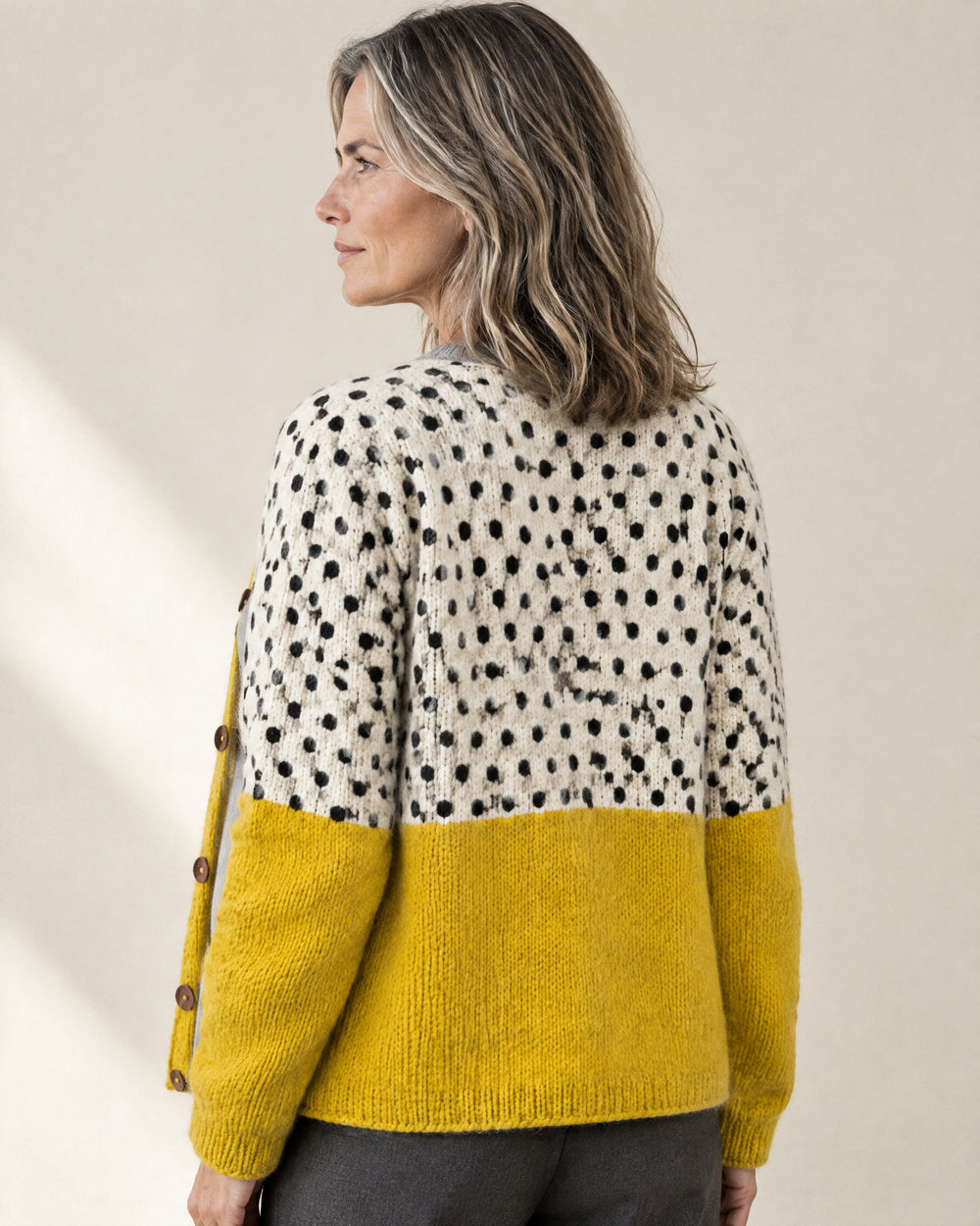 Polka Dot Colour-Block Cardigan, back view, worn