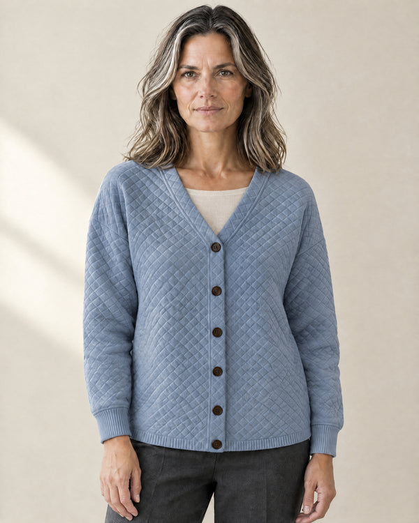 Quilted V-Neck Button Cardigan in Blue