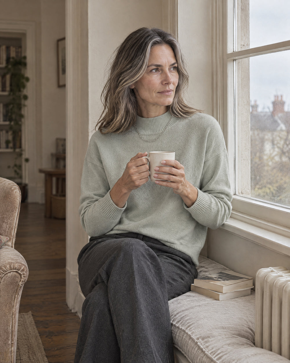 Fine-Knit Funnel Neck Jumper, worn at home