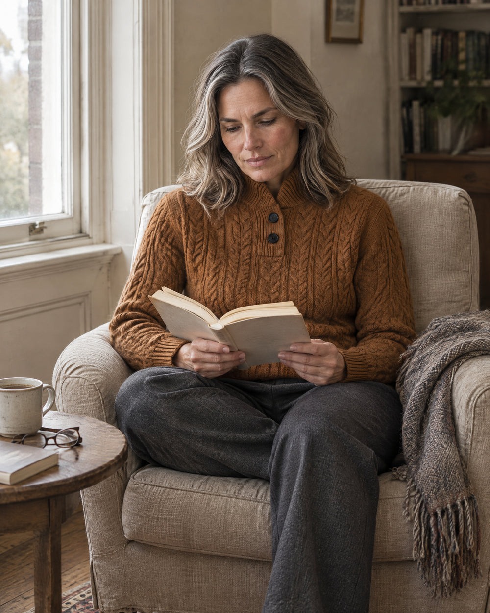 Cable Knit Stand Collar Jumper, worn at home