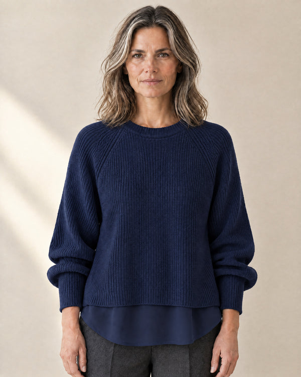 Layered Hem Ribbed Jumper in Navy