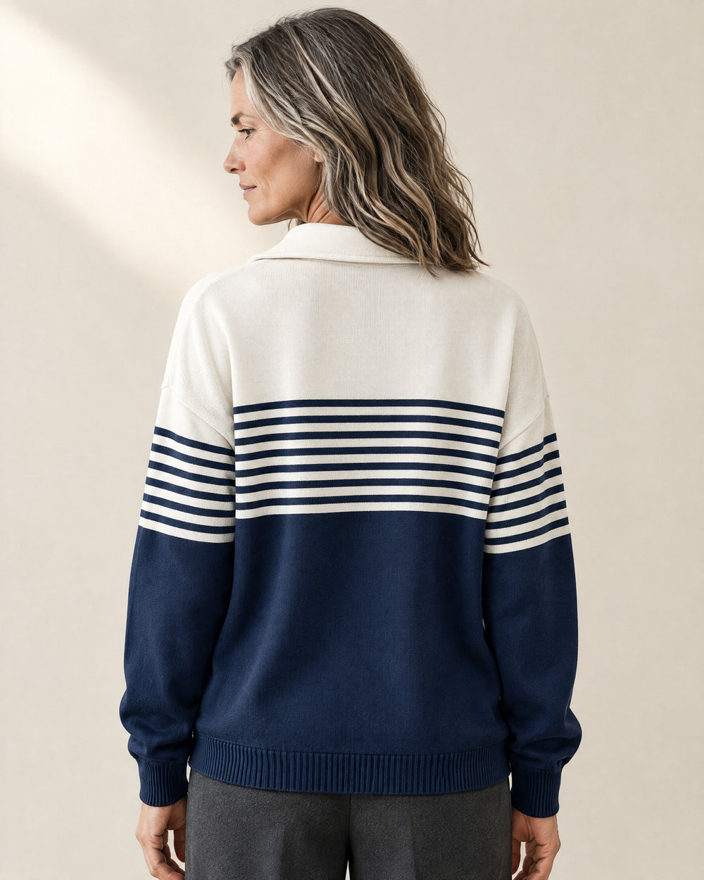 Striped Quarter-Zip Jumper, back view, worn