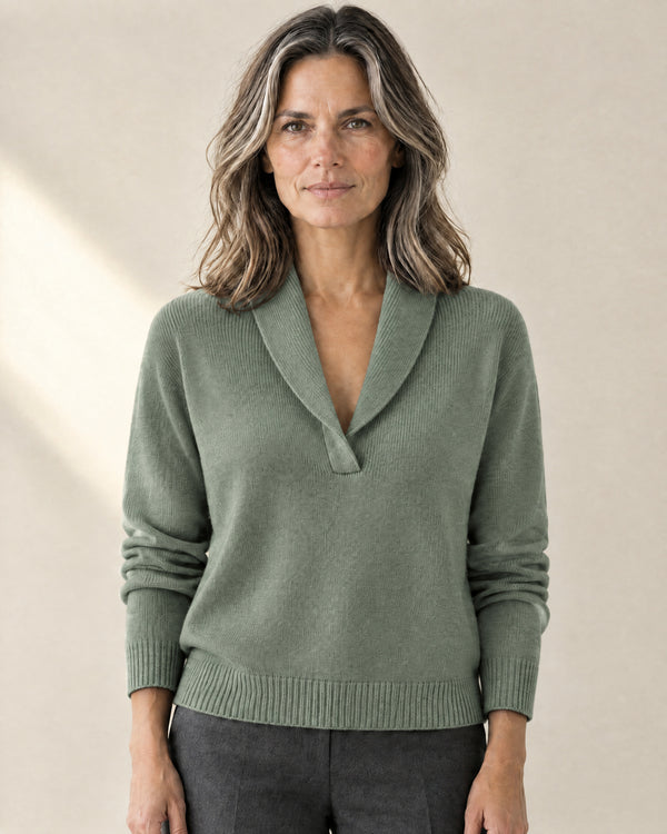Ribbed Shawl Collar Jumper in Green