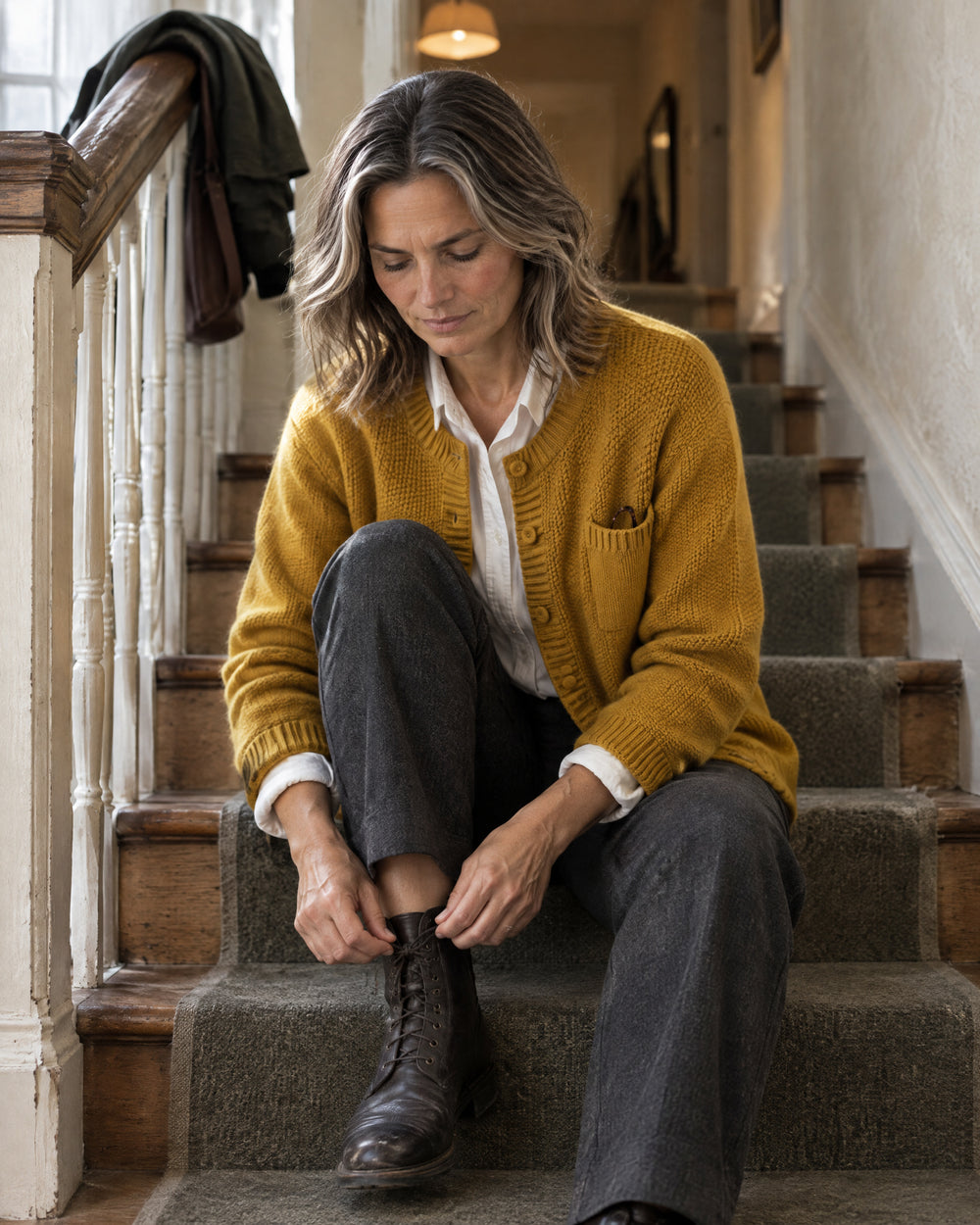 Crew Neck Button-Through Cardigan, worn at home