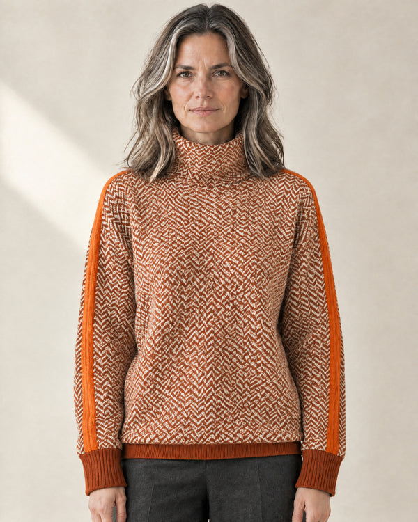 Herringbone Roll Neck Jumper in Orange