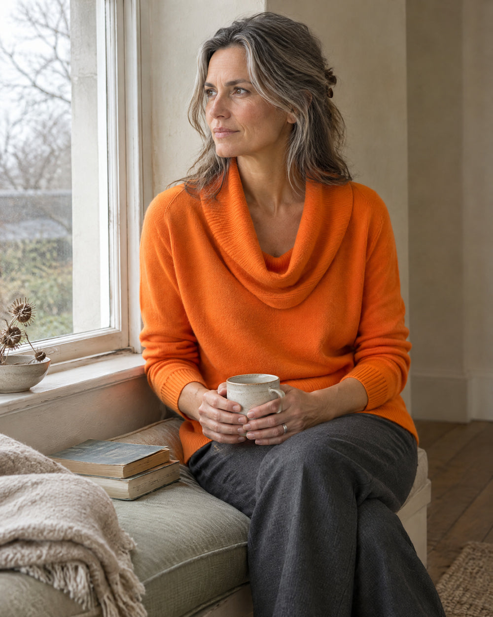 Cowl Neck Jumper, worn at home