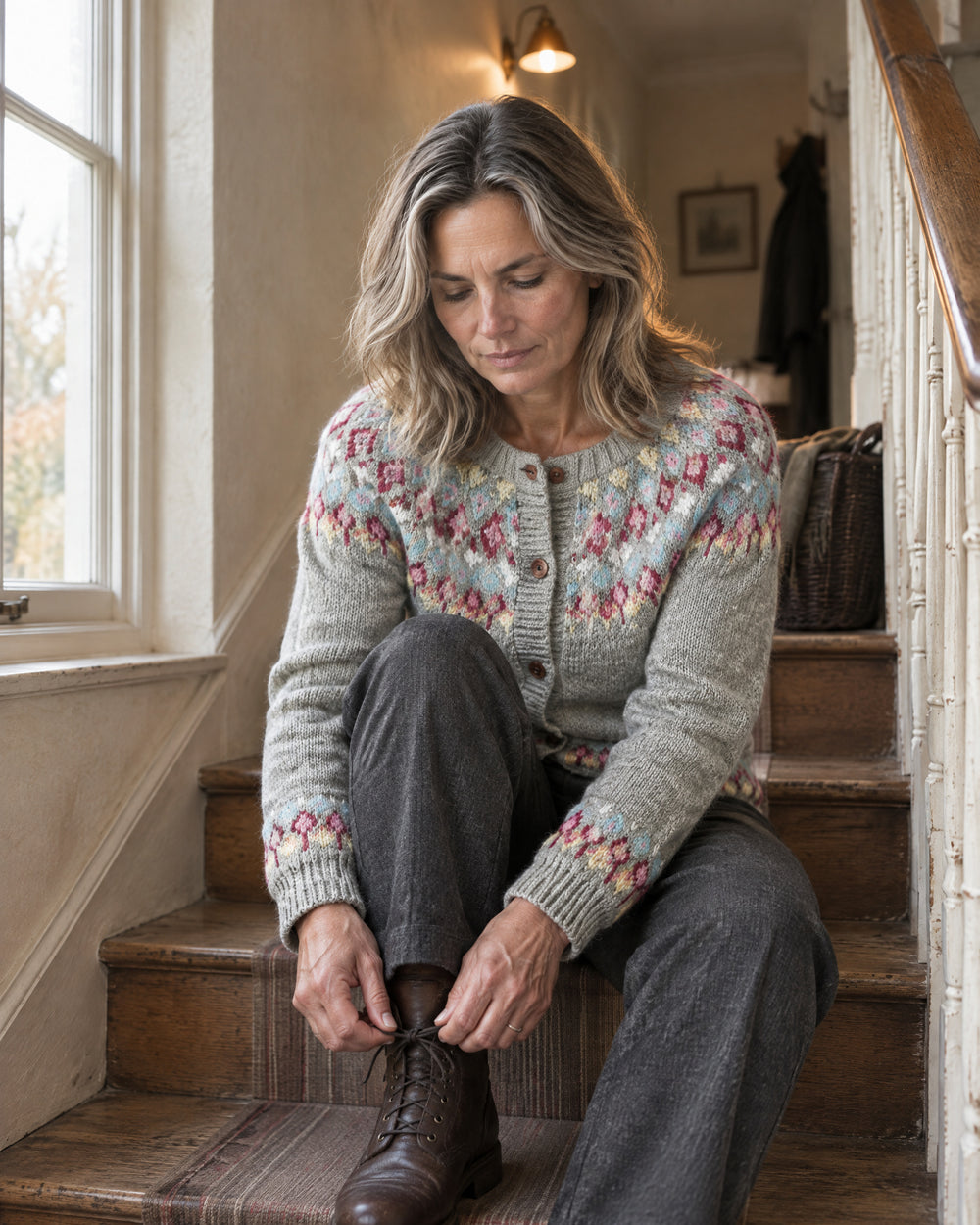 Diamond Fair Isle Yoke Cardigan, worn at home