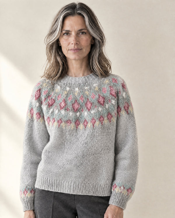 Brushed Fair Isle Yoke Jumper in Light Ash Mix