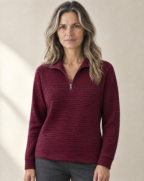 Ribbed Quarter-Zip Jumper in Burgundy