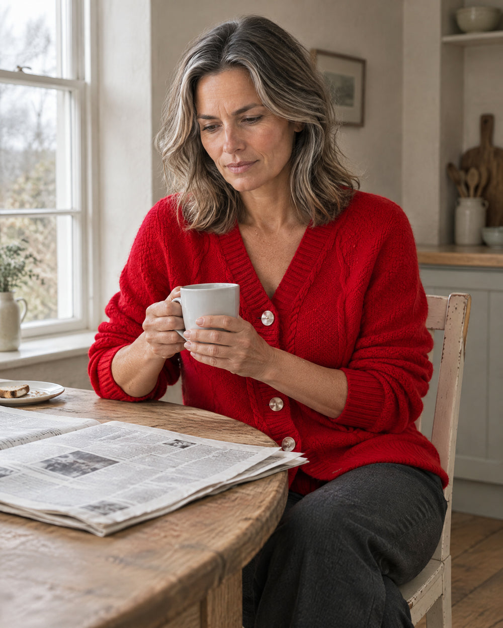 Cable Panel Wool-Blend Cardigan, worn at home