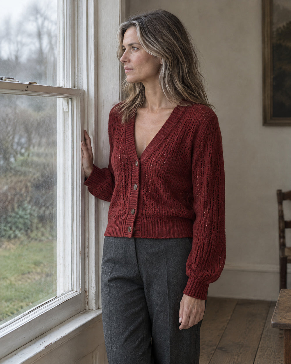 Pointelle V-Neck Cardigan, worn at home