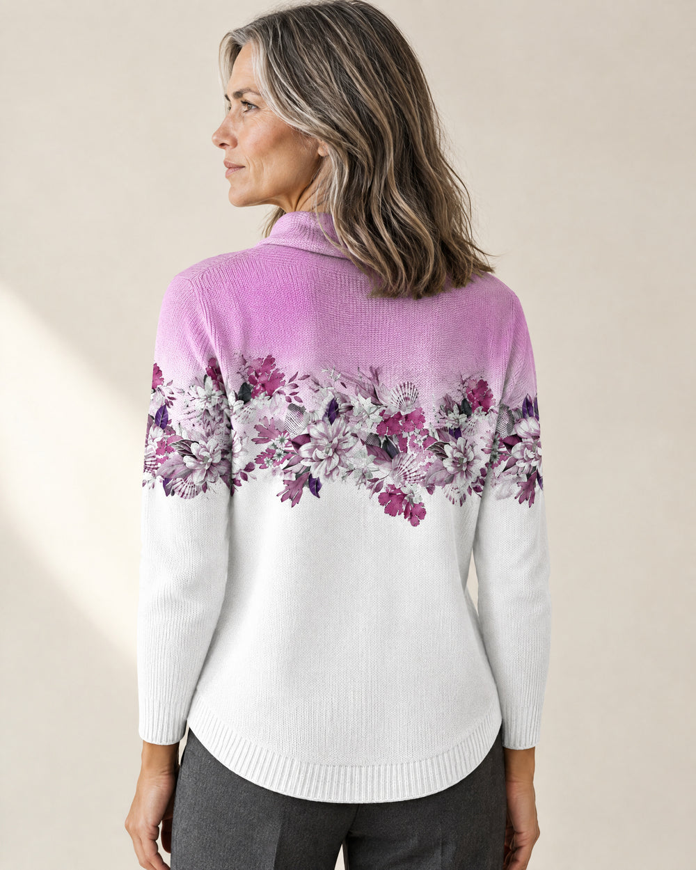 Floral Print Cotton Roll Neck Jumper, back view, worn