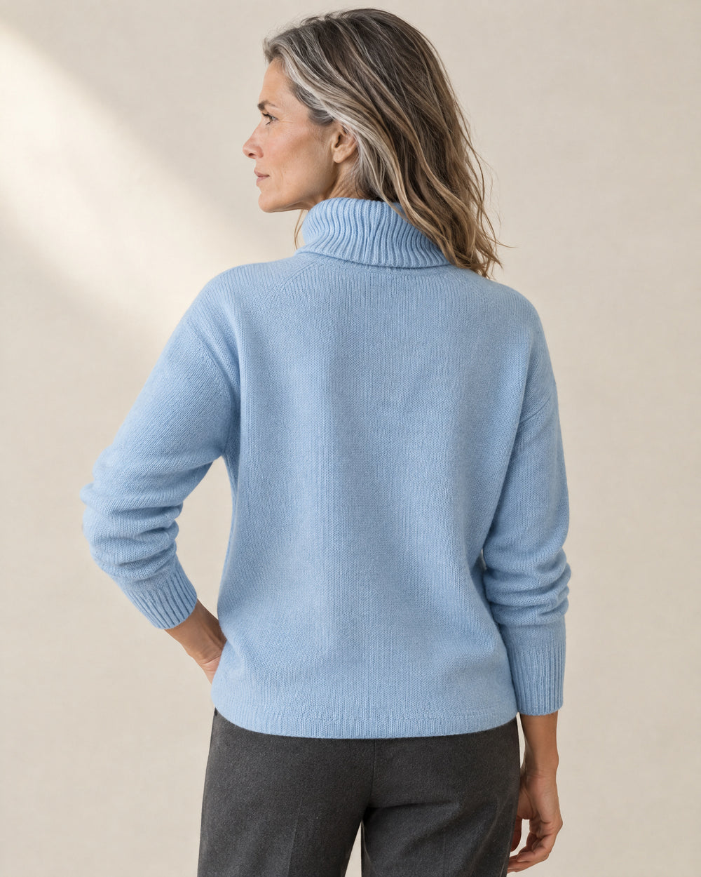 Sky Blue Cotton Roll Neck Jumper, back view, worn