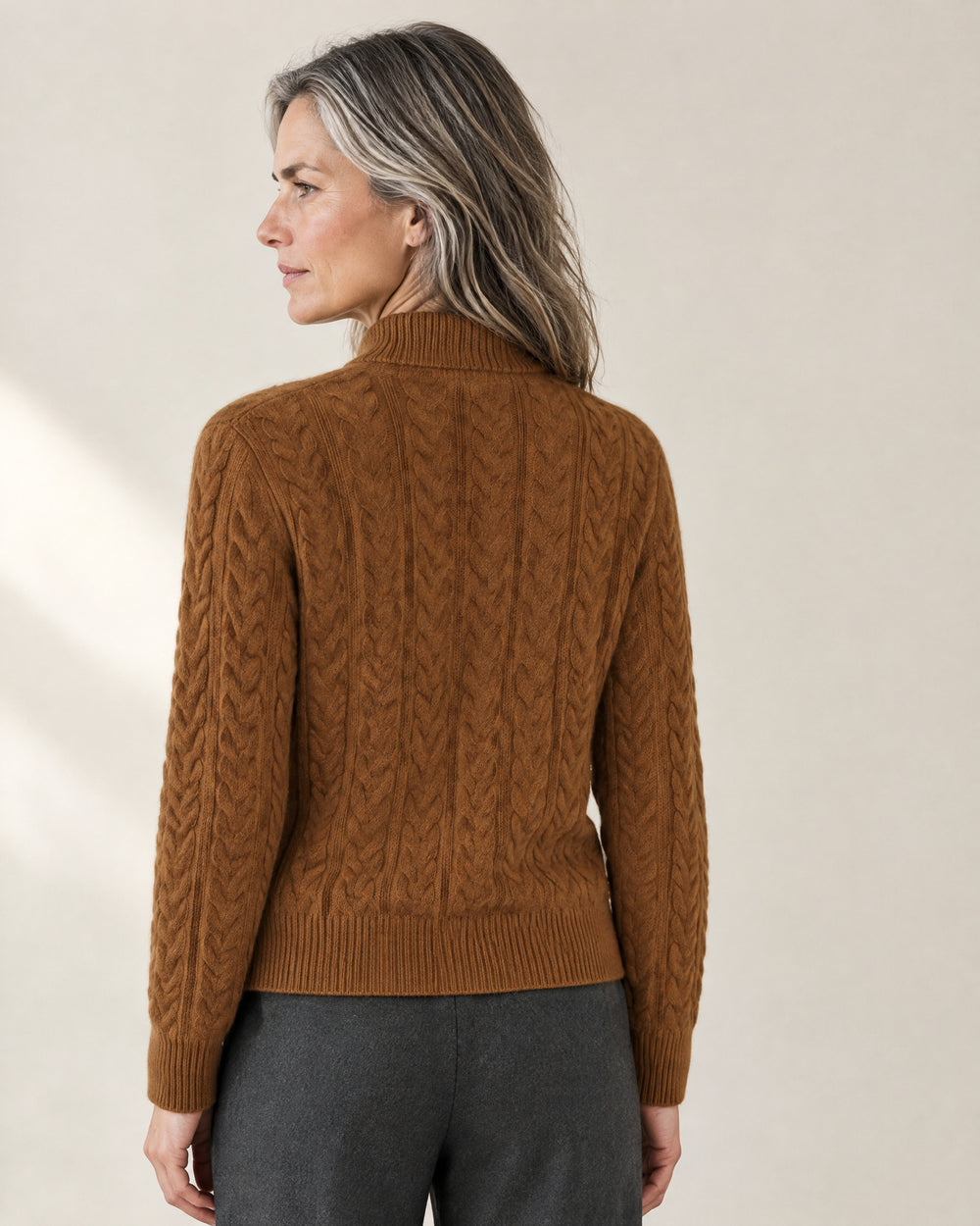 Cable Knit Stand Collar Jumper, back view, worn