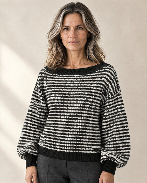 Striped Balloon Sleeve Jumper in Black
